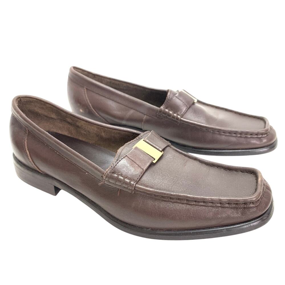 MARKON Womens Square Toe Brown Leather Loafers Flats ALPHA Slip On Shoes sz 10 - Picture 2 of 16